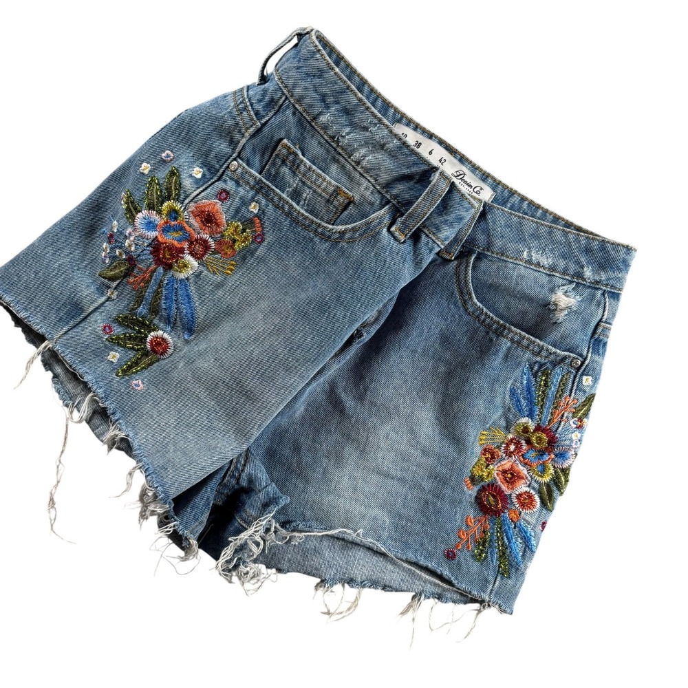 VTG Boho Denim Co Floral Embroidered Jean Shorts Womens 6 Festival Floral